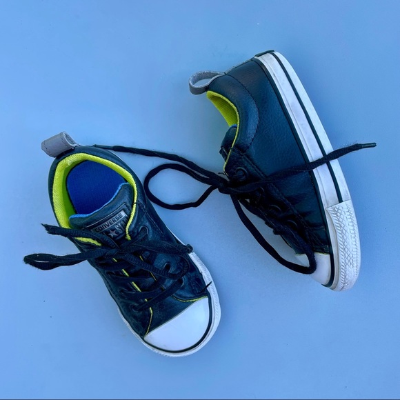 Converse All Star Black Faux Leather Sneakers Sz 8 Lace Up Chuck Taylor Shoes - Picture 2 of 10